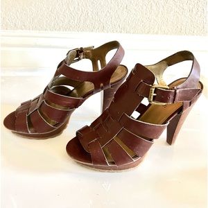 Guess Brown Heeled Buckle Strap Sandals
